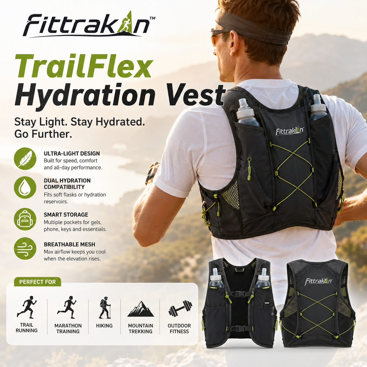 fittrakln™ TrailFlex Hydration Running Vest | Lightweight Marathon & Hiking Pack