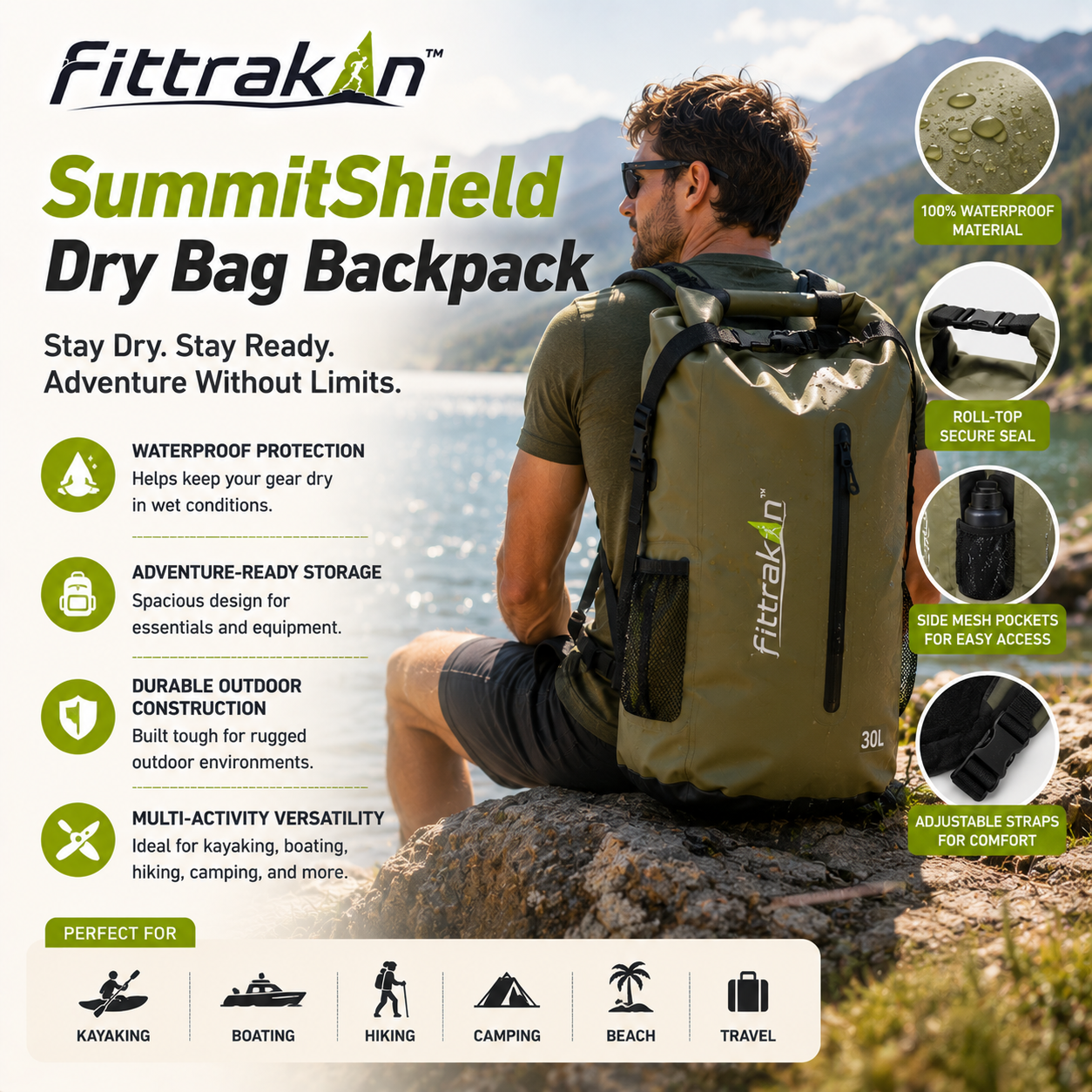 fittrakln™ SummitShield Dry Bag Backpack | Waterproof Hiking & Kayak Gear Bag