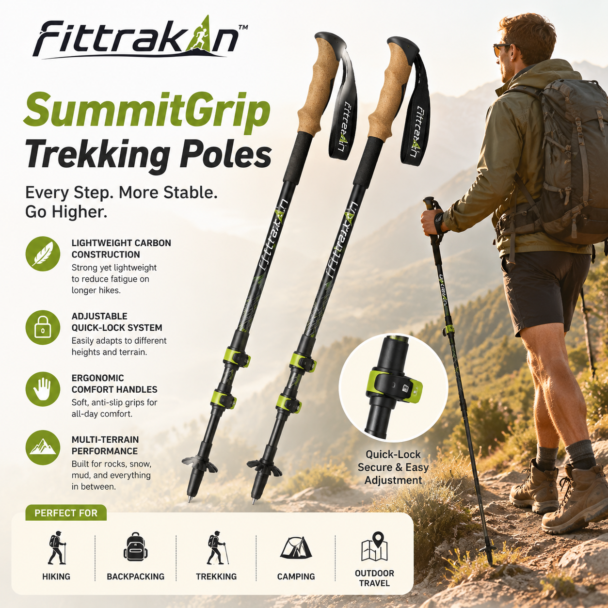 fittrakln™ SummitGrip Trekking Poles | Adjustable Carbon Fiber Hiking Sticks