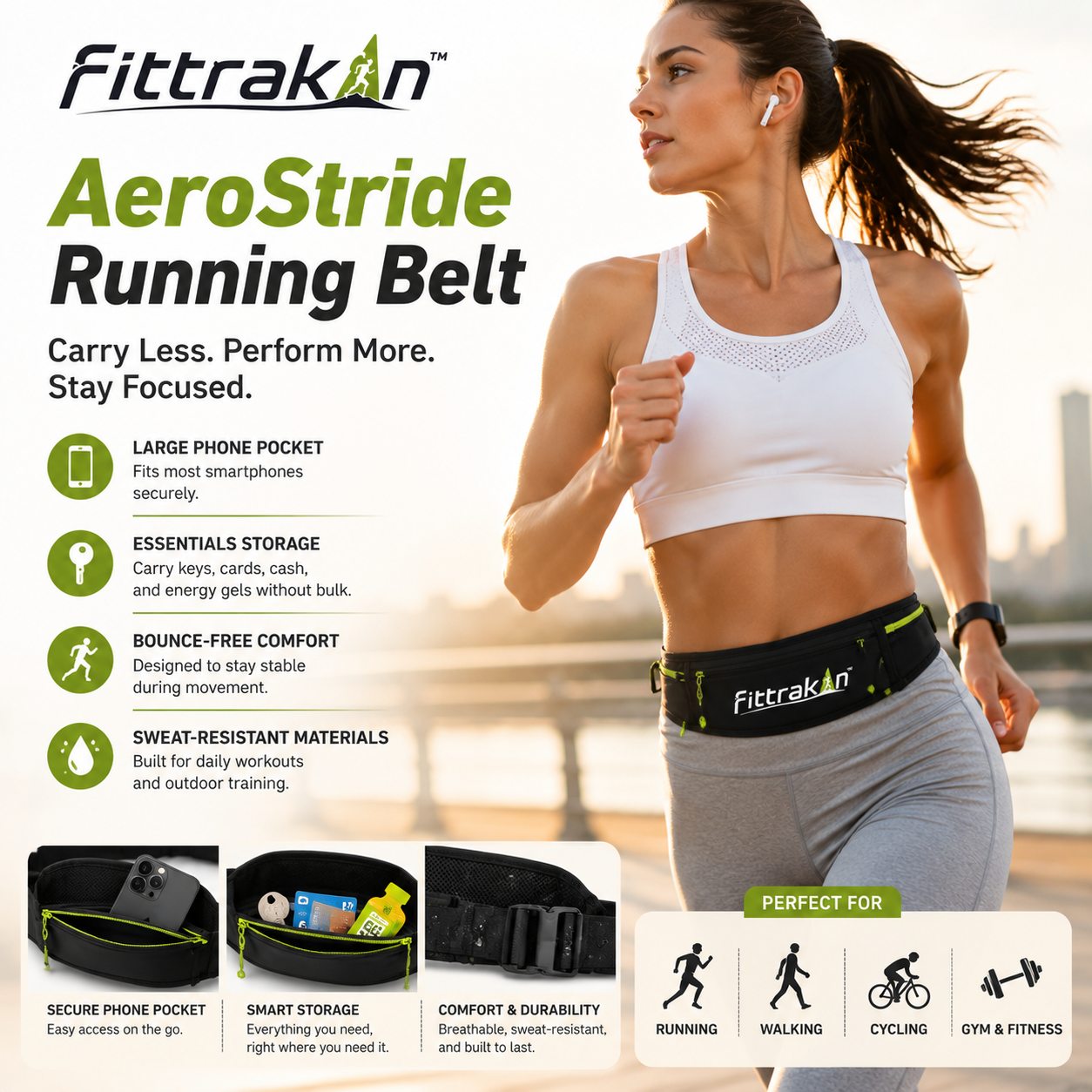 fittrakln™ AeroStride Waist Running Belt | Phone Holder Fitness Belt