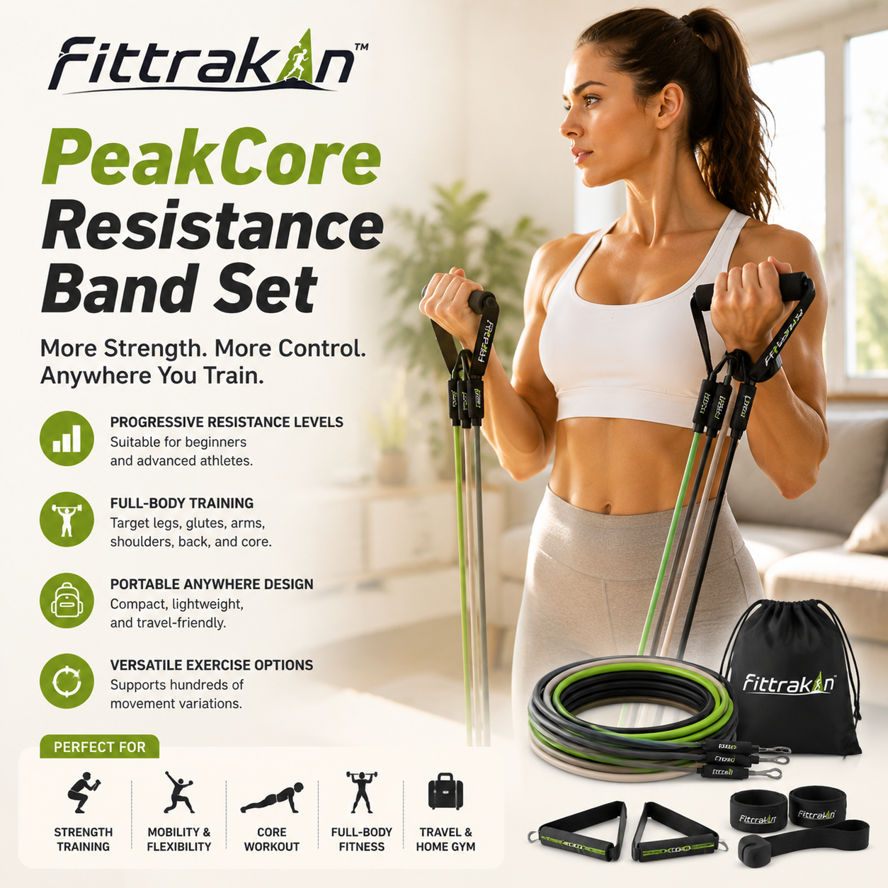 fittrakln™ PeakCore Resistance Band Set | Home Workout & Strength Training Kit