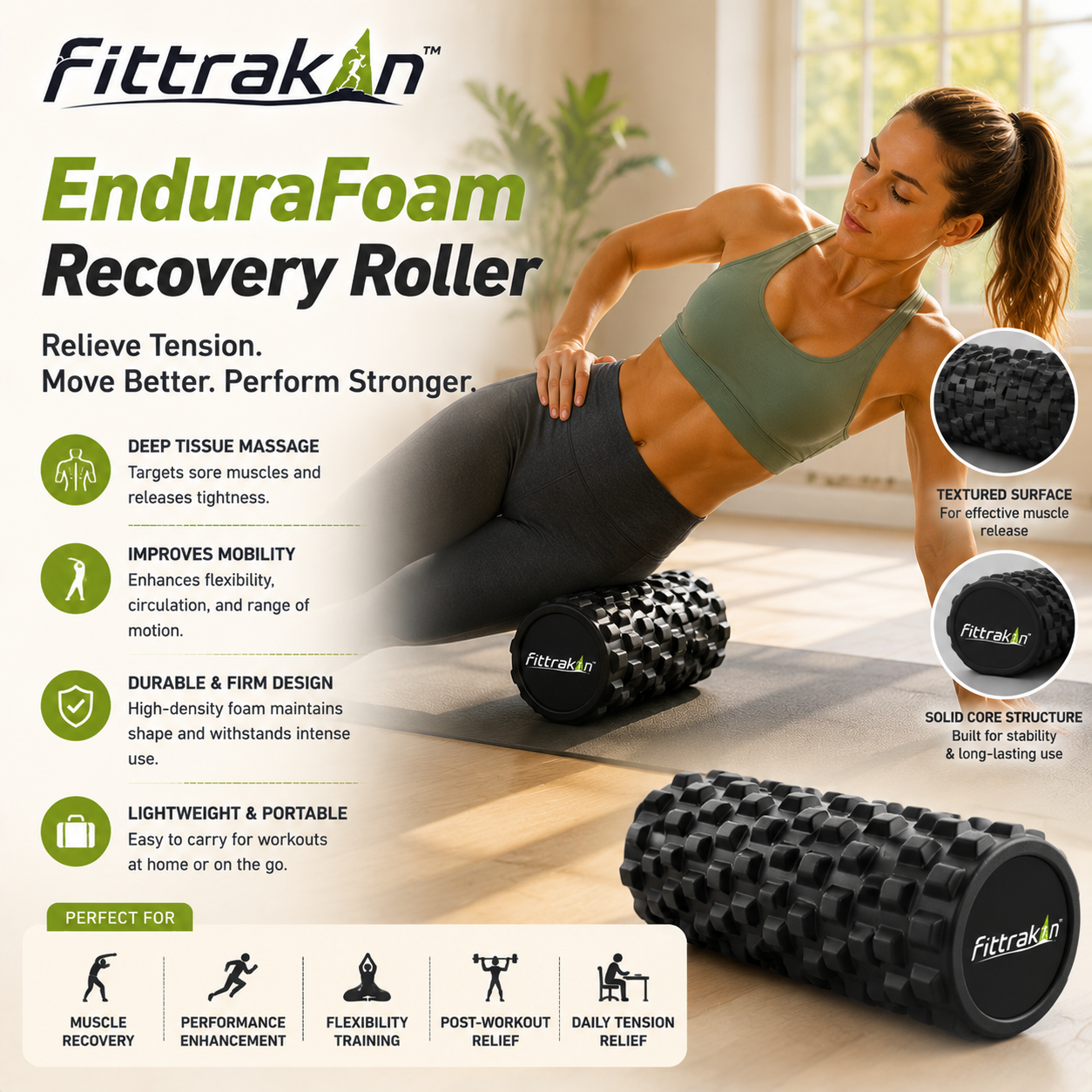 fittrakln™ EnduraFoam Recovery Roller | Deep Tissue Massage & Mobility Tool