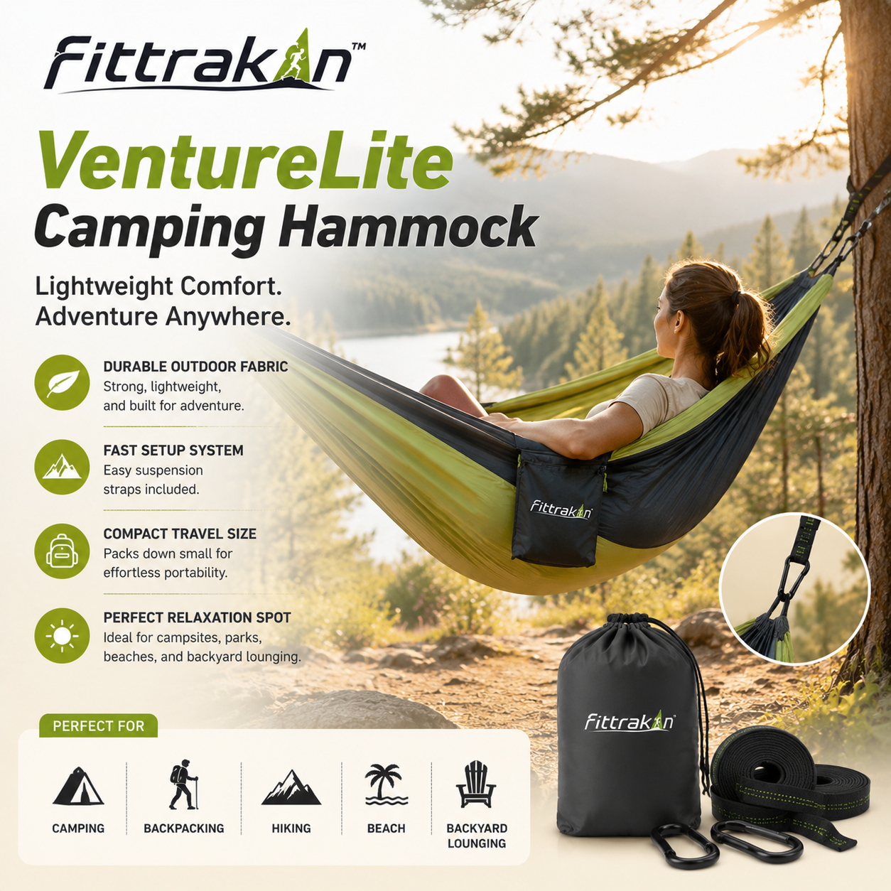 fittrakln™ VentureLite Camping Hammock | Portable Outdoor Travel Hammock