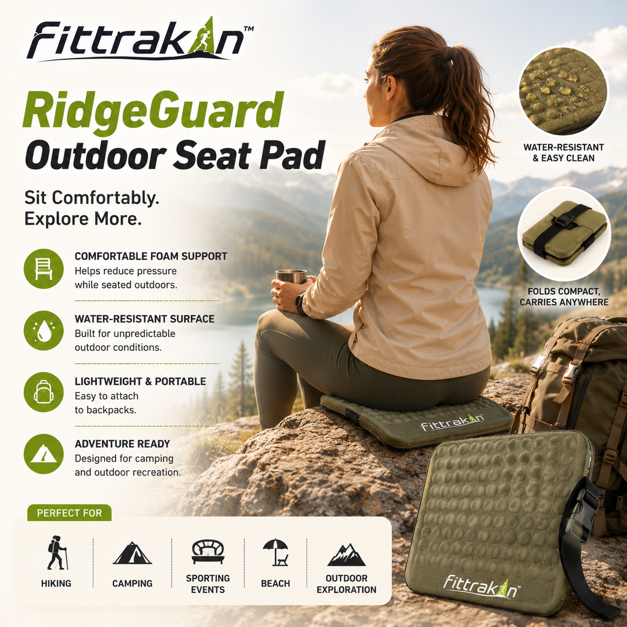 fittrakln™ RidgeGuard Outdoor Seat Pad | Portable Camping Cushion