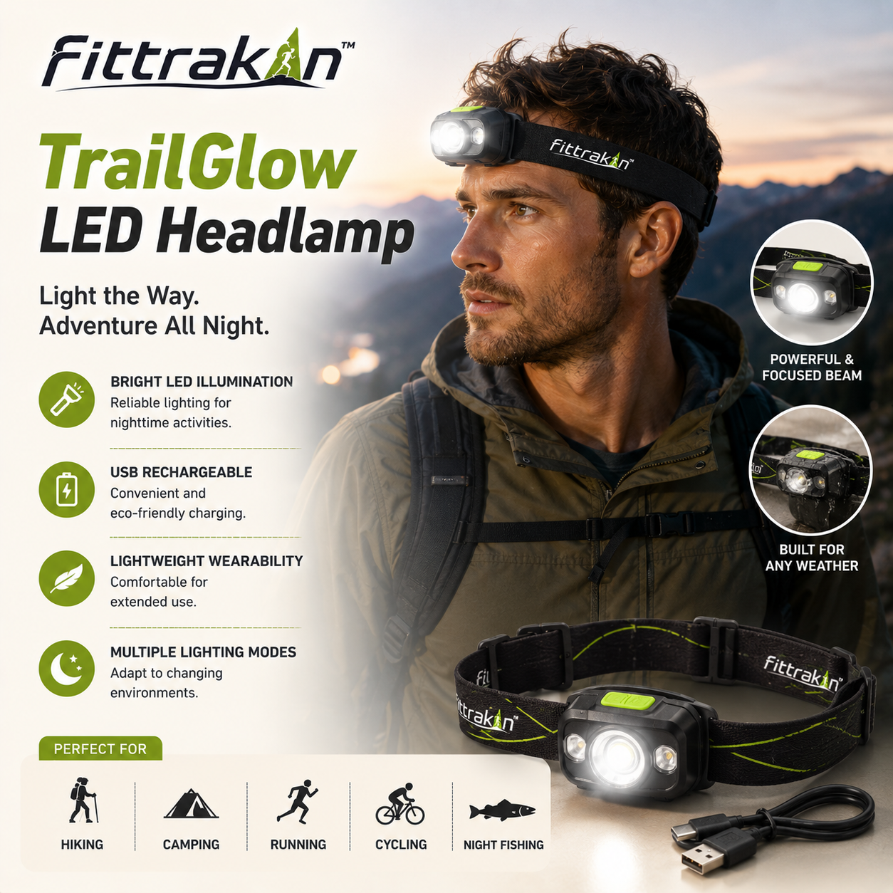 fittrakln™ TrailGlow Rechargeable Headlamp | LED Running & Camping Light